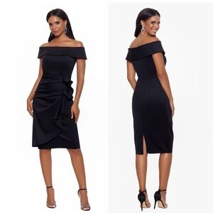 NWT Xscape Vanessa Short Dress Off The Shoulder Scuba Side Ruched Black 14 Party